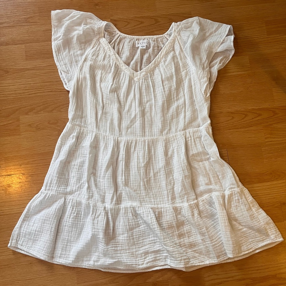 Velvet by Graham & Spencer Anthro white tiered gauze mini dress med cotton USA